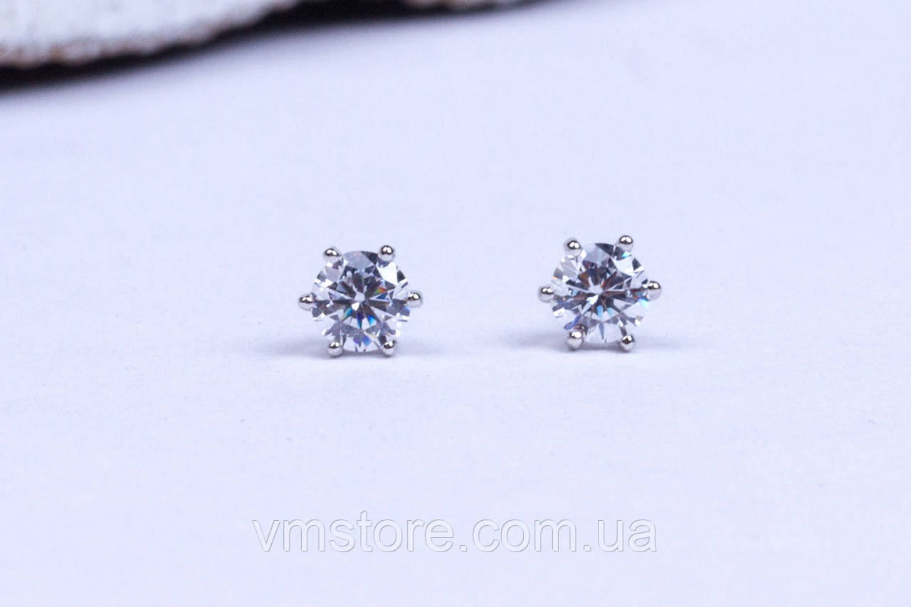 Сережки пусети з фіанітами 4 мм, родій, фото 1