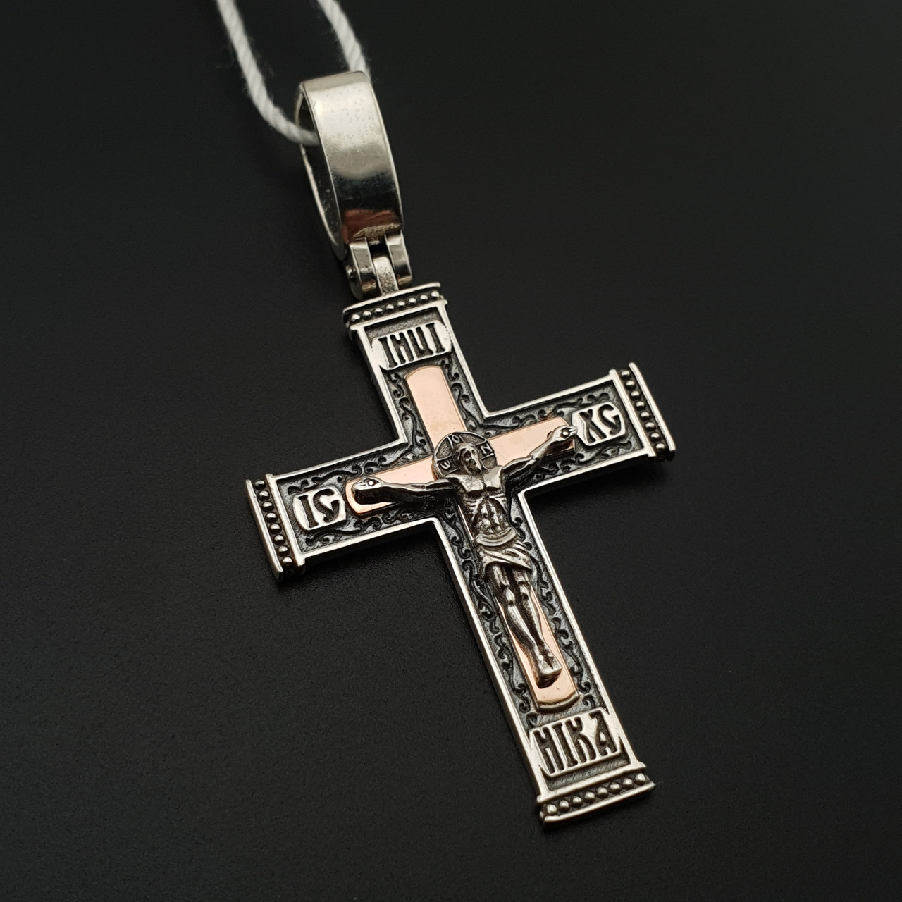Срібний хрестик чоловічий. Спаси Збережи. Срібний хрестик з золотими пластинами, фото 1