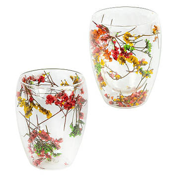 Склянка з подвійним дном 350 мл з квітами Набір 2 штуки (№-33)