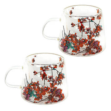Чашка з подвійним дном 200 мл скляна з квітами для чаю, кави, капучино, лате Набір 2 штуки (№-36)