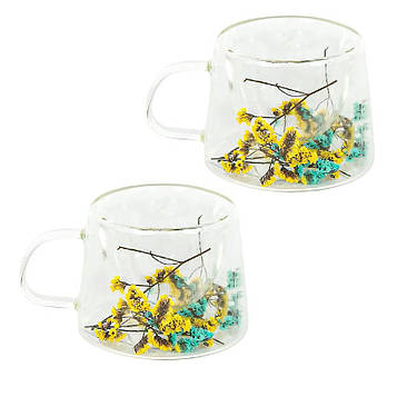 Чашка з подвійним дном 200 мл скляна з квітами для чаю, кави, капучино, лате Набір 2 штуки (№-37)