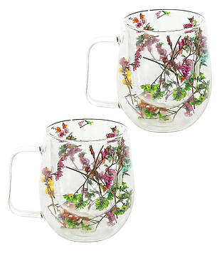 Чашка з подвійним дном 350 мл скляна з квітами для чаю, кави, капучино, лате Набір 2 штуки (№-40)