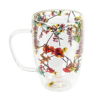 Чашка з подвійним дном 450 мл скляна з квітами для чаю, кави, капучино, лате і глінтвейну (№-41)