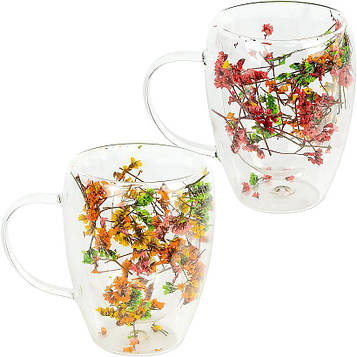 Чашка з подвійним дном 350 мл скляна з квітами для чаю, кави, капучино, лате Набір 2 штуки (№-39)