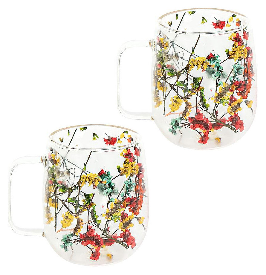 Чашка з подвійним дном 250 мл скляна з квітами для чаю, кави, капучино, лате Набір 2 штуки (№-38), фото 1
