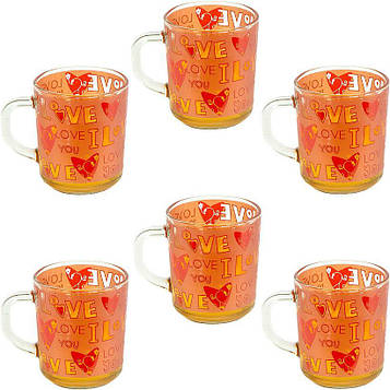 Чашка скляна 200 мл «Love» для чаю, кави, капучино, лате Набір чашок 6 штук помаранчеві (№-43)