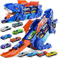 Вантажівка-динозавр трансформер з 10 машинками | Іграшковий трейлер для дітей