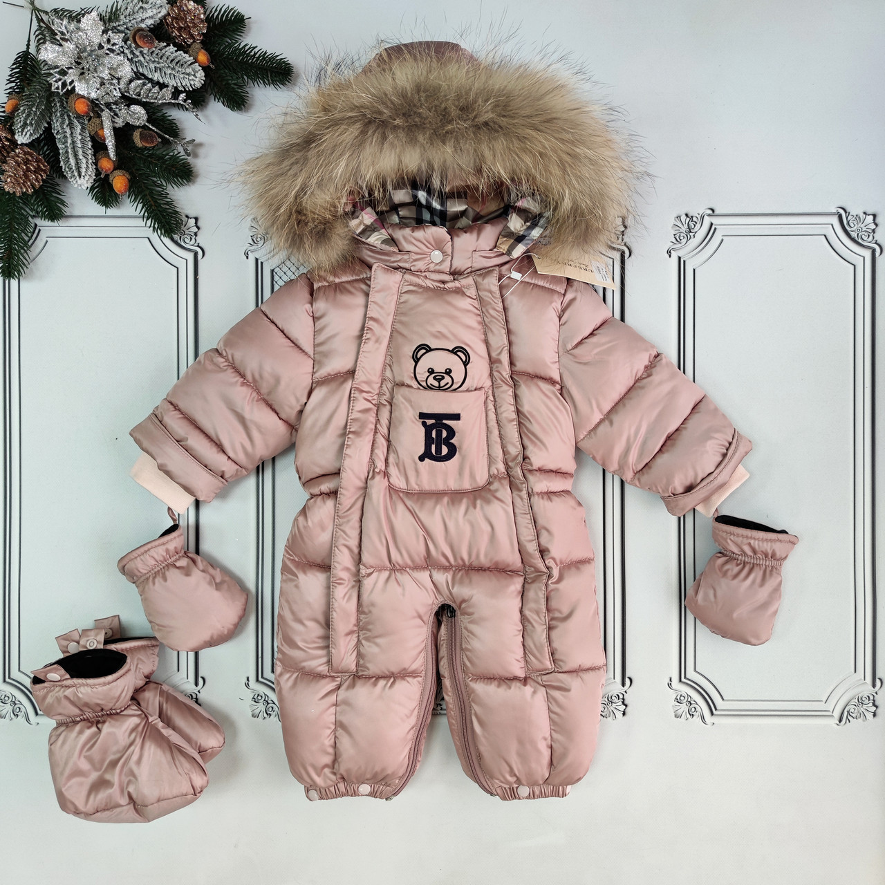 Зимовий комбінезон-трансформер для новонародженої дівчинки, рожевий комбінезон Берберрі, фото 1