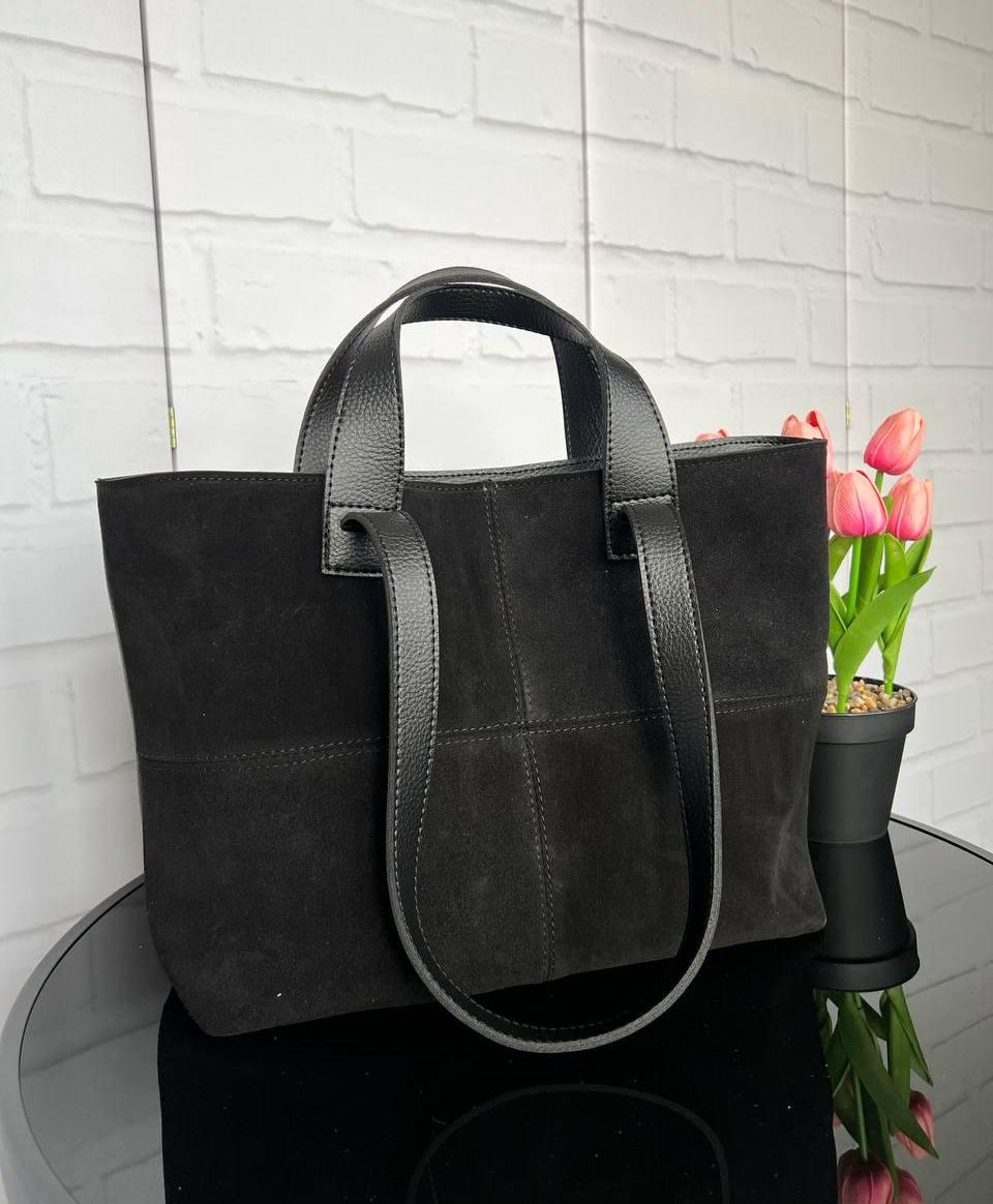 Жіноча сумка шоппер велика стильна чорна натуральна замша+шкірзам
