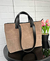 Жіноча сумка шоппер велика стильна бежева натуральна замша+шкірзам