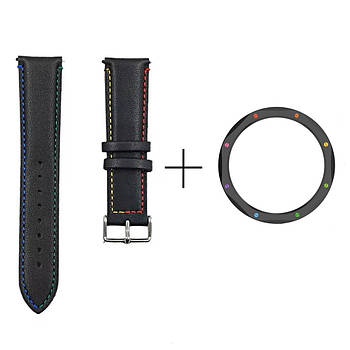 Комплект для Xiaomi Watch S3/S4 Black-multicolor (безель ATR+шкіряний ремінець)
