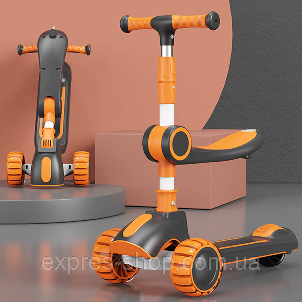 Дитячий самокат триколісний з підсвічуванням коліс, Помаранчевий / Самокат з сидінням для дітей, фото 1