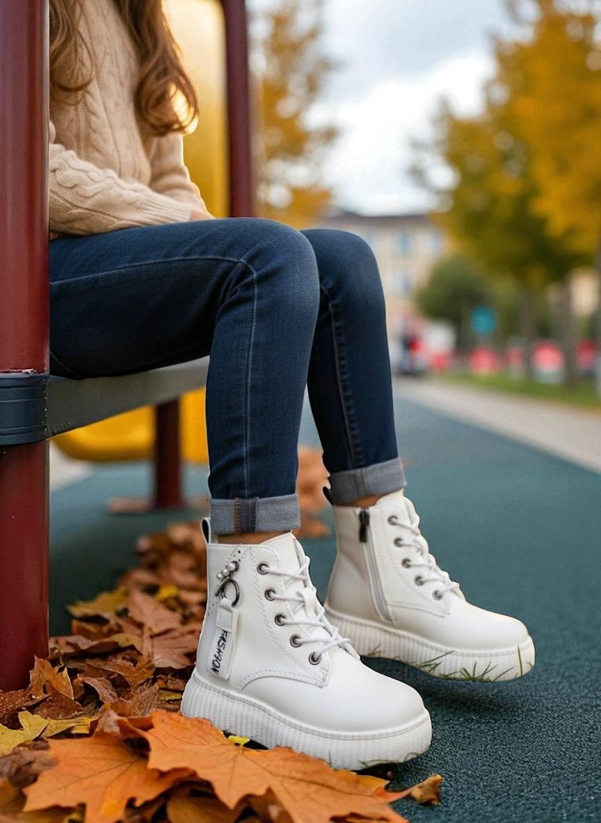 Дитяче демосизонне взуття для дівчаток, черевики, білі спортивні хайтопи утеплені на липучці. РАЗМЕР: 26-31, фото 1