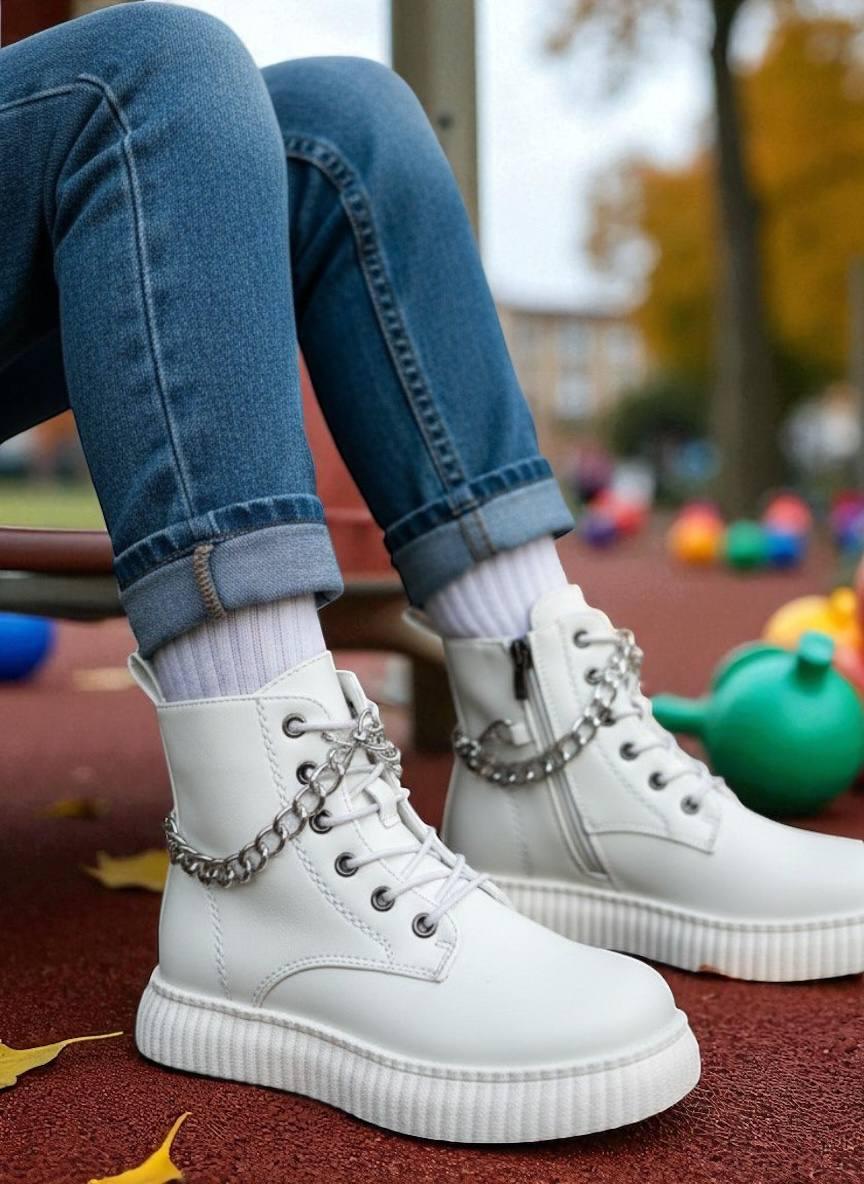 Дитяче демосизонне взуття для дівчаток, черевики, білі хайтопи утеплені на липучці. РОЗМІР: 33-37, фото 1