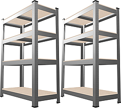 Набір з 2-х металевих стелажів (150 x 70 x 30 см) 4 полиці, навантаження - 150 кг на полицю, Сірий