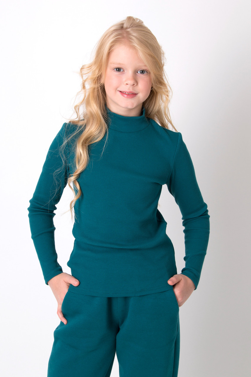 Гольф із подовженою горловиною для дівчинки — темно-бірюзовий легкий тм Mevis розмір 116