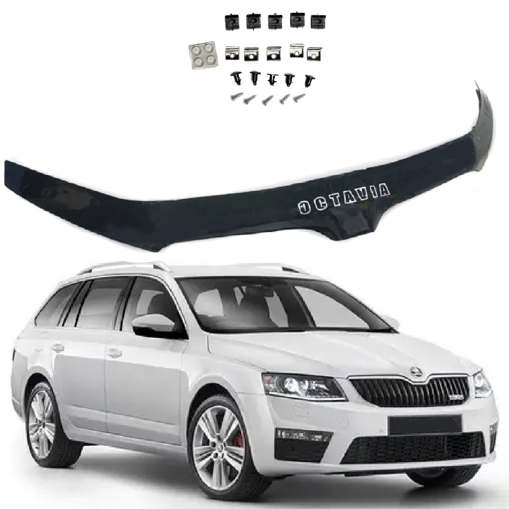 Дефлектор капоту мухобійка Skoda Octavia A7 2013-2017 Євро Кріплення (Voron Glass), фото 1