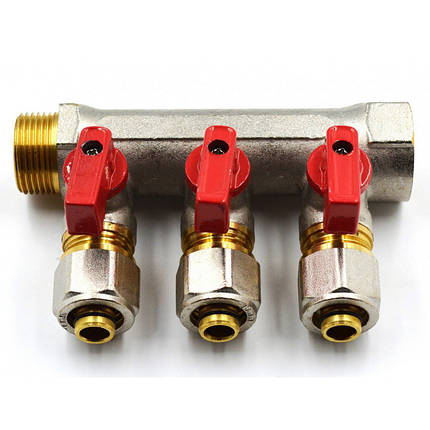 Колектор-гребінка NTM 3 виходу 3/4*16 з кульовими кранами та фітингом під металопластик., фото 1