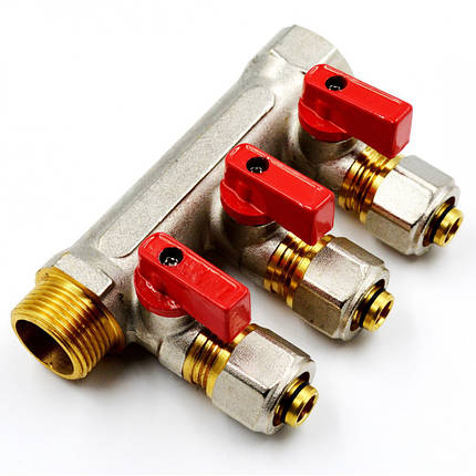 Колектор-гребінка NTM 3 виходу 3/4*16 з кульовими кранами та фітингом під металопластик., фото 2