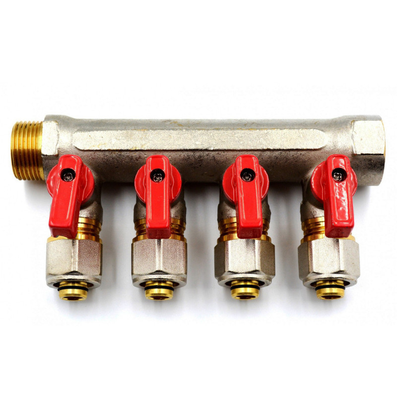 Колектор-гребінка NTM 4 виходу 3/4*16 з кульовими кранами та фітингом під металопластик.