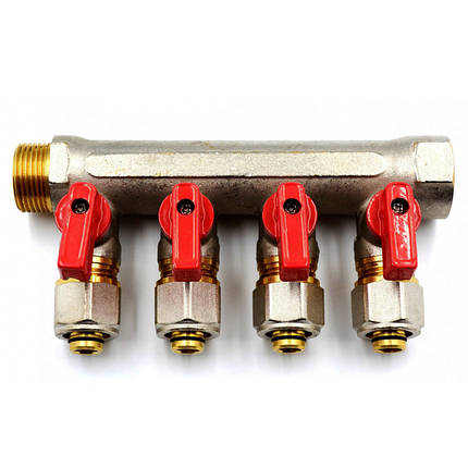 Колектор-гребінка NTM 4 виходу 3/4*16 з кульовими кранами та фітингом під металопластик., фото 1