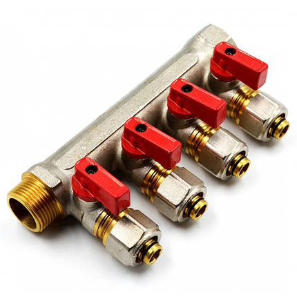 Колектор-гребінка NTM 4 виходу 3/4*16 з кульовими кранами та фітингом під металопластик., фото 2