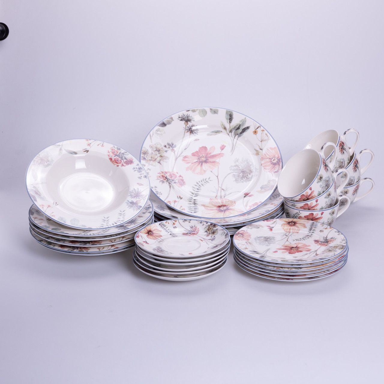 Столовий сервіз Fleur на 6 персон, порцеляновий набір посуду 30 предметів з тарілками та блюдцями, фото 1