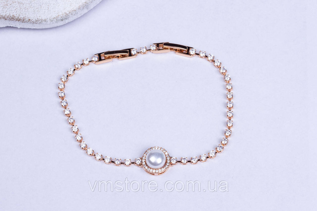 Ошатний жіночий браслет на руку, позолота 18 к з перлинкою, фото 1