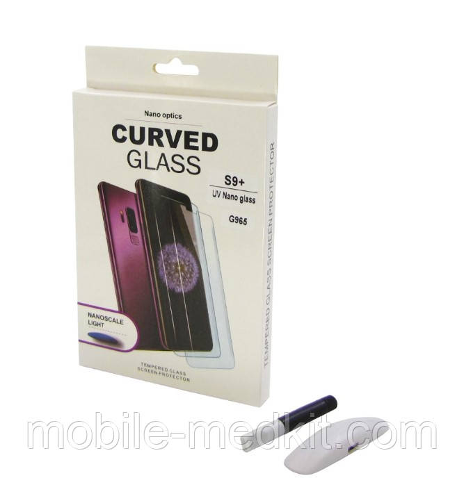 Скло Samsung G965 Galaxy S9 Plus (0.25 мм, 3D, прозоре) в комплекті з UV клеєм і лампою, фото 1