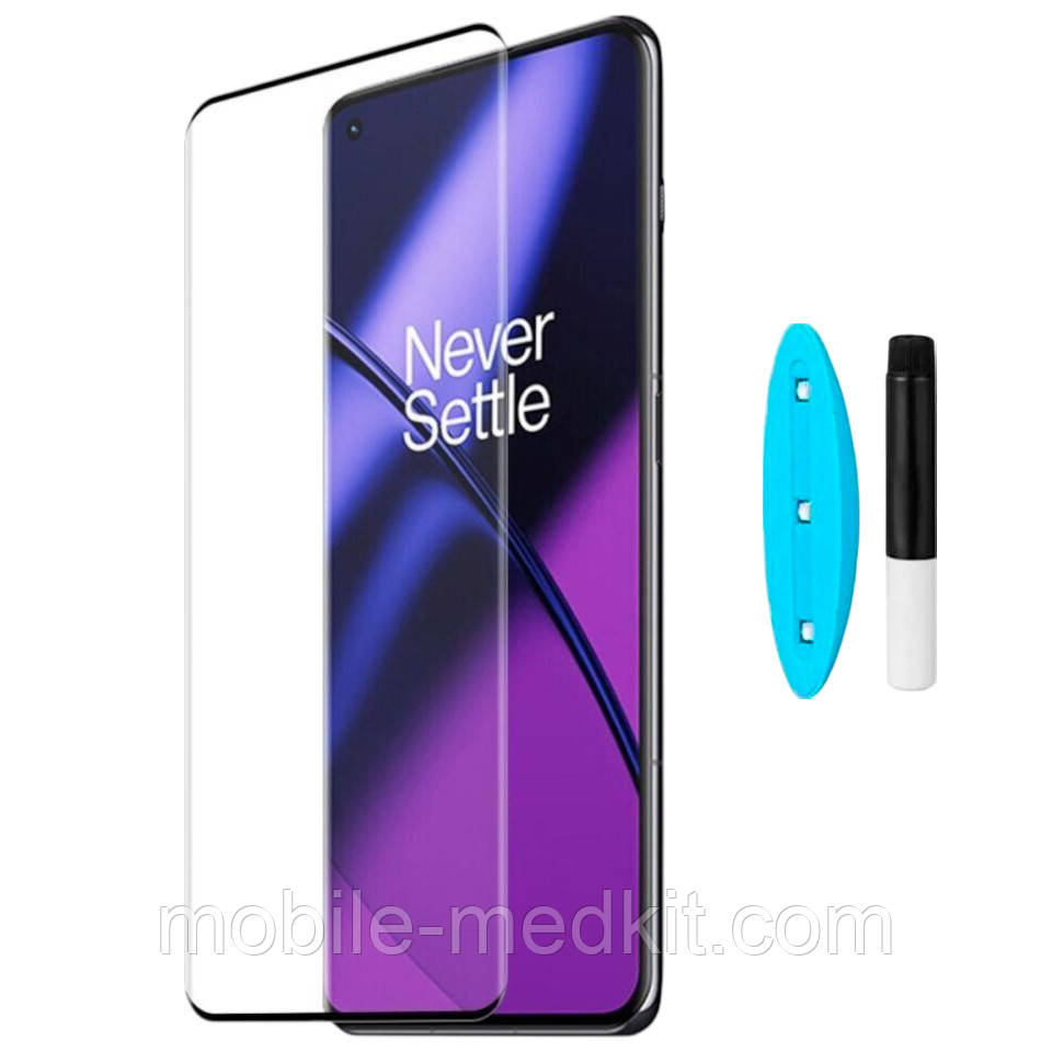 Скло ONEPLUS 11 (0.25 мм, 3D, прозоре) в комплекті з UV клеєм і лампою, фото 1