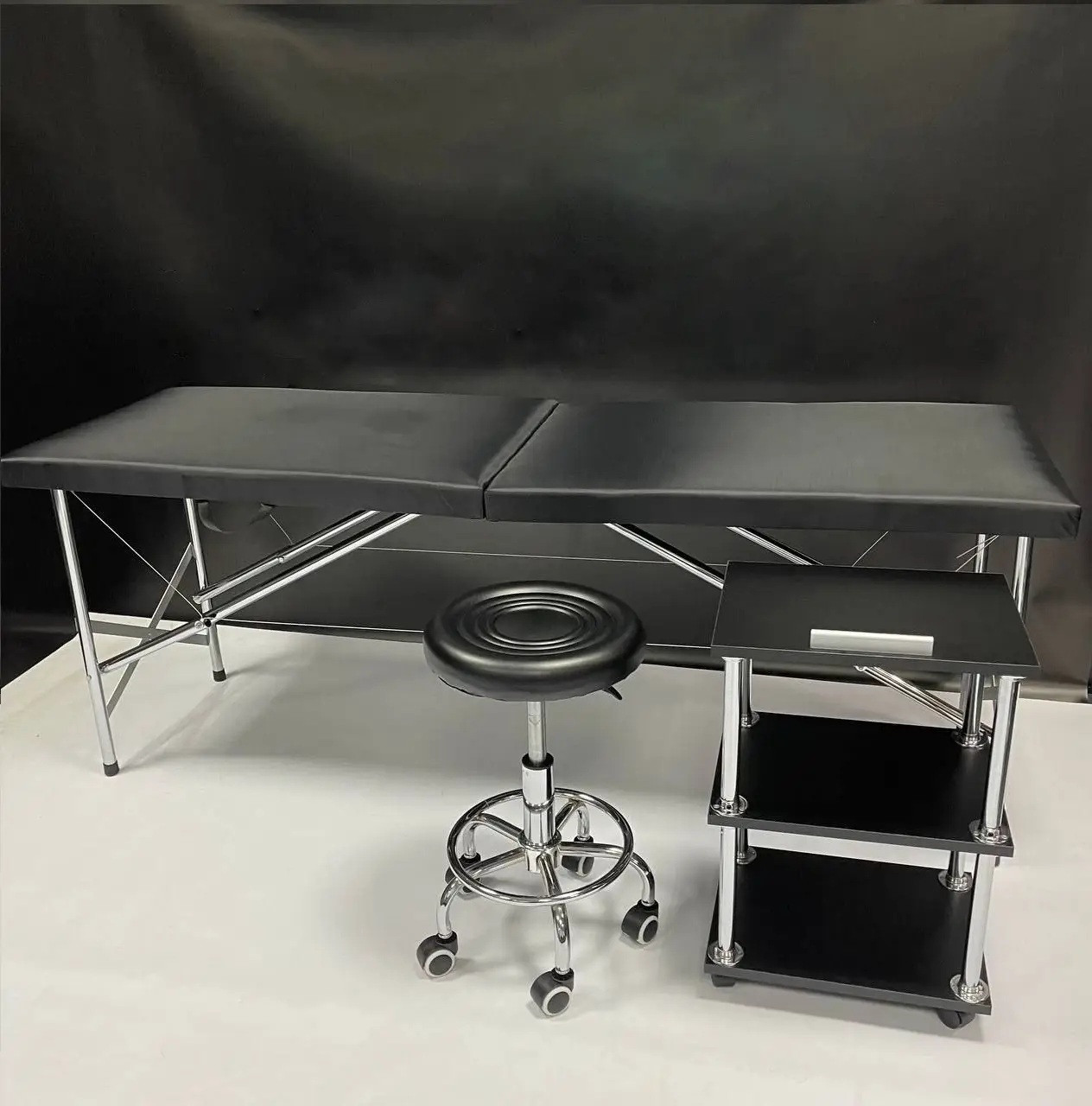 Комплект косметолога "Старт" чорний: розкладна кушетка, стілець, етажерка для шугарингу, брів, салон краси, фото 1