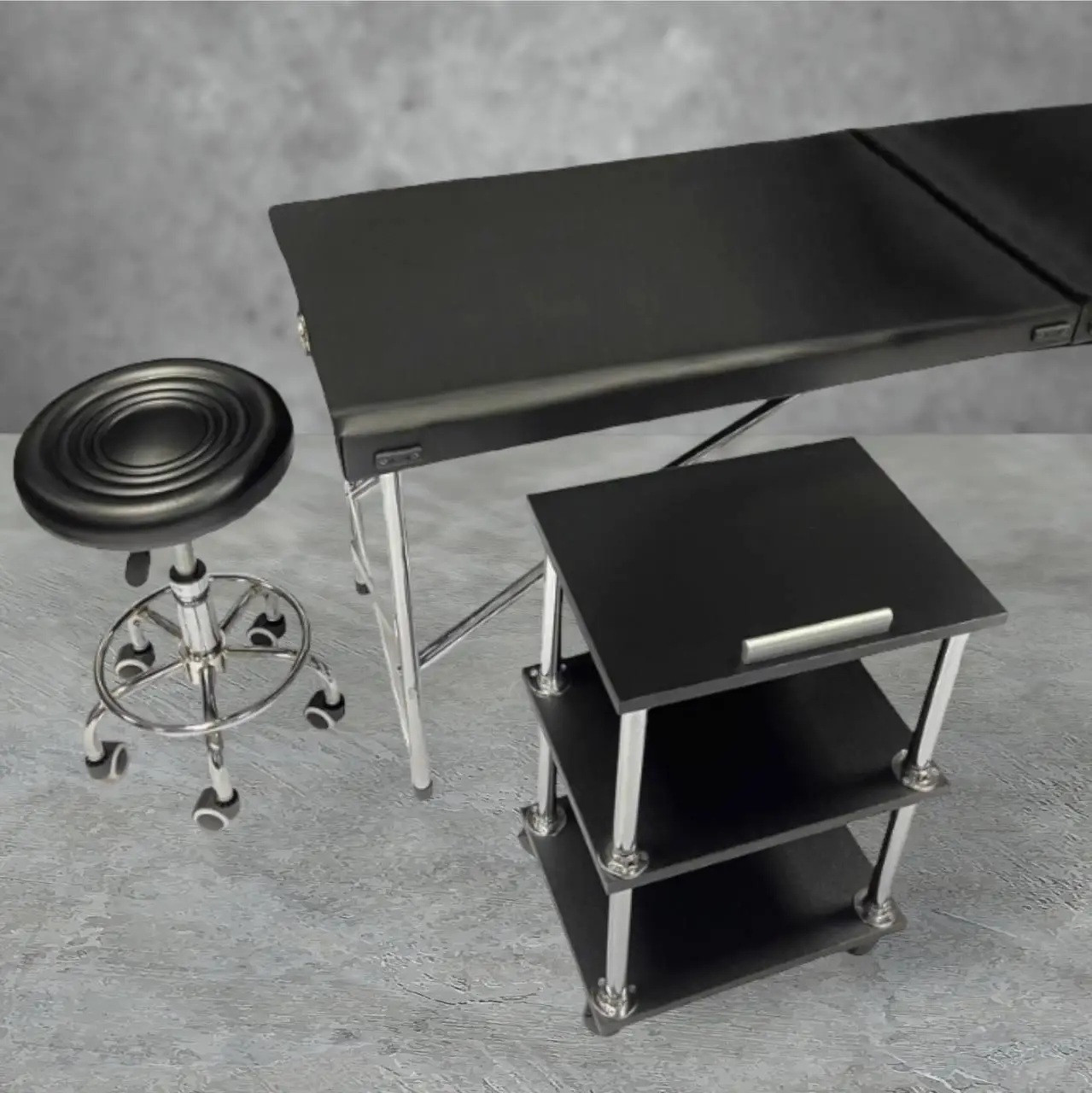 Стартовий косметологічний набір «beauty» чорний: кушетка, етажерка, стілець для майстра, масажу, фото 1