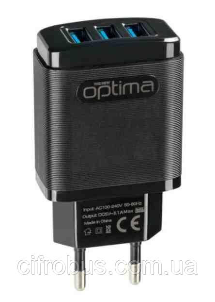 Зарядний пристрій ЗЗП Optima Grater OP-HC01 3 USB 3.1 A Black, фото 1