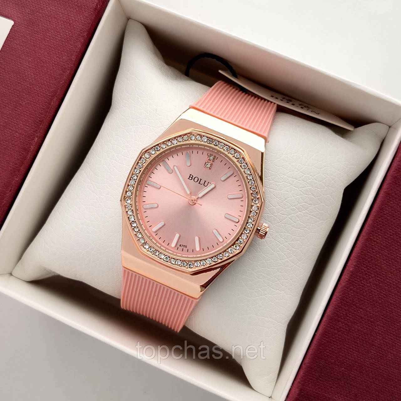 Жіночий наручний годинник Bolun восьмикутної форми, золотий з рожевим силіконовим ремінцем, код - 2598b, фото 1