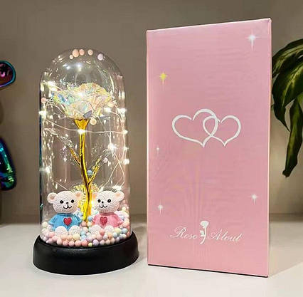 Троянда в колбі з фігурками та підсвіткою, Нічник вічна троянда, Rose of Love з фігурками подарунок на батарейках, фото 1