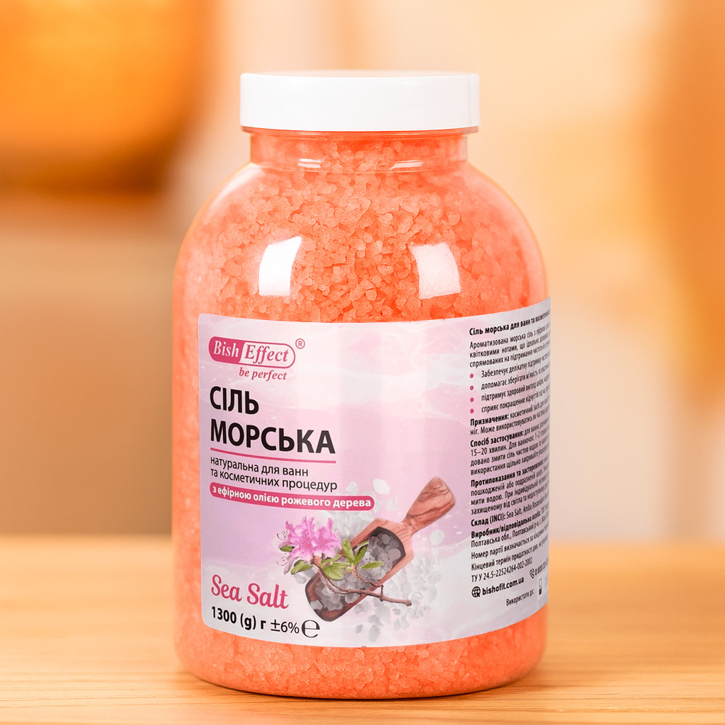 Морська сіль Bisheffect з рожевим деревом для ванн, 1300 г – розслаблення, догляд та природна гармонія, фото 1
