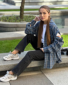 Жіноча сорочка в клітинку зі зйомними рукавами Блакитний/Білий