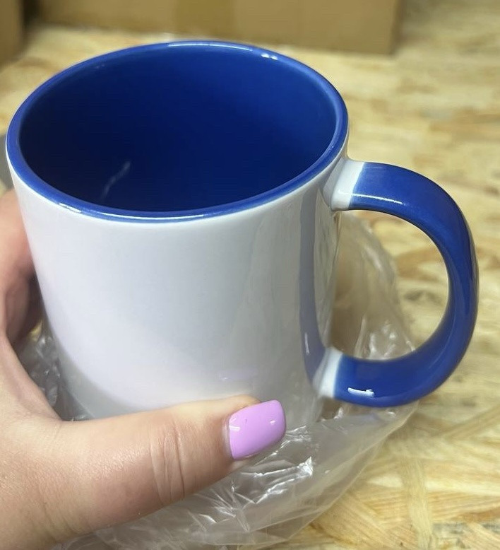 Чашка для сублімації кольорова всередині і ручка 330 мл (синя)