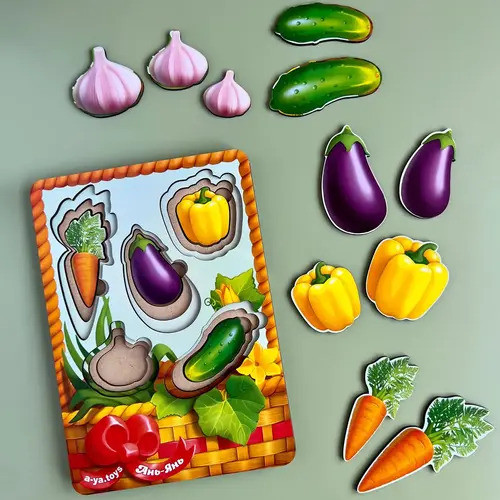 Дерев'яна іграшка пазли-вкладки більше або менше "Кошик з овочами - 1" (ПСФ042), фото 1