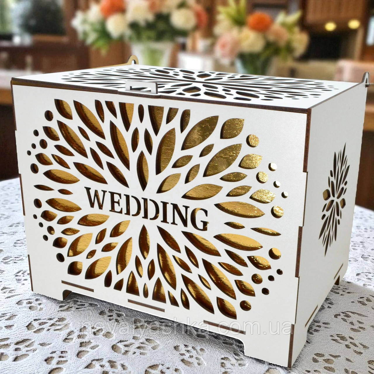 Дерев'яна Коробка на Весілля 29х22х20см Весільна Скарбниця із Золотим Wedding Коробочка для Грошей і Конвертів Скриня Скарбничка