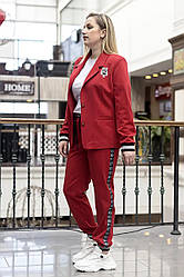 Жіночий брючний костюм для повних червоний з джерсі з жакетом батал