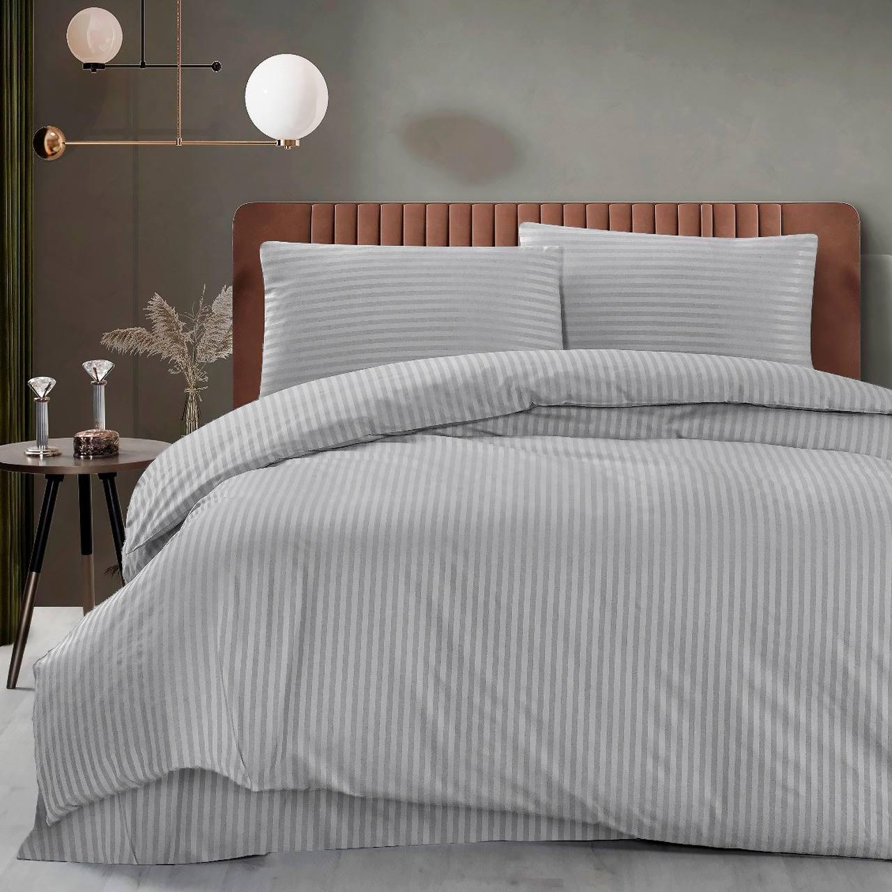 Комплект постільної білизни Страйп сатин преміум Світло-сірий Євро розмір 200х240, фото 1