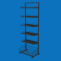 Стелаж торговий з листовими полицями 5 шт. і кошик накопичувальний, чорний