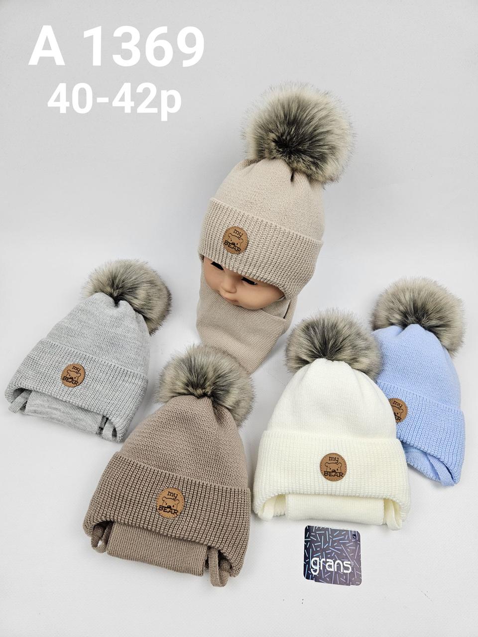 Дитячі польські зимові в'язані шапки на флісі з шарфом оптом для хлопців, р.40-42, Grans
