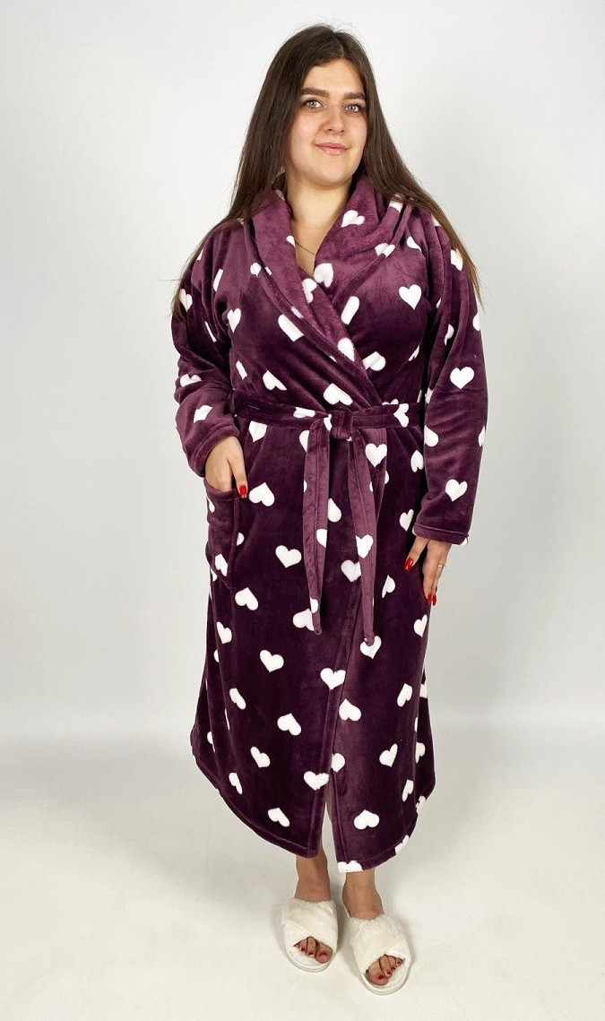 Халат жіночий теплий махровий довгий на запах із капюшоном бордовий р.46-56