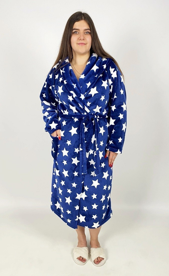 Теплий махровий довгий халат жіночий на запах із капюшоном синій у зірочку р.46-56