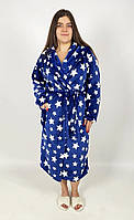 Теплий махровий довгий халат жіночий на запах із капюшоном синій у зірочку р.46-56