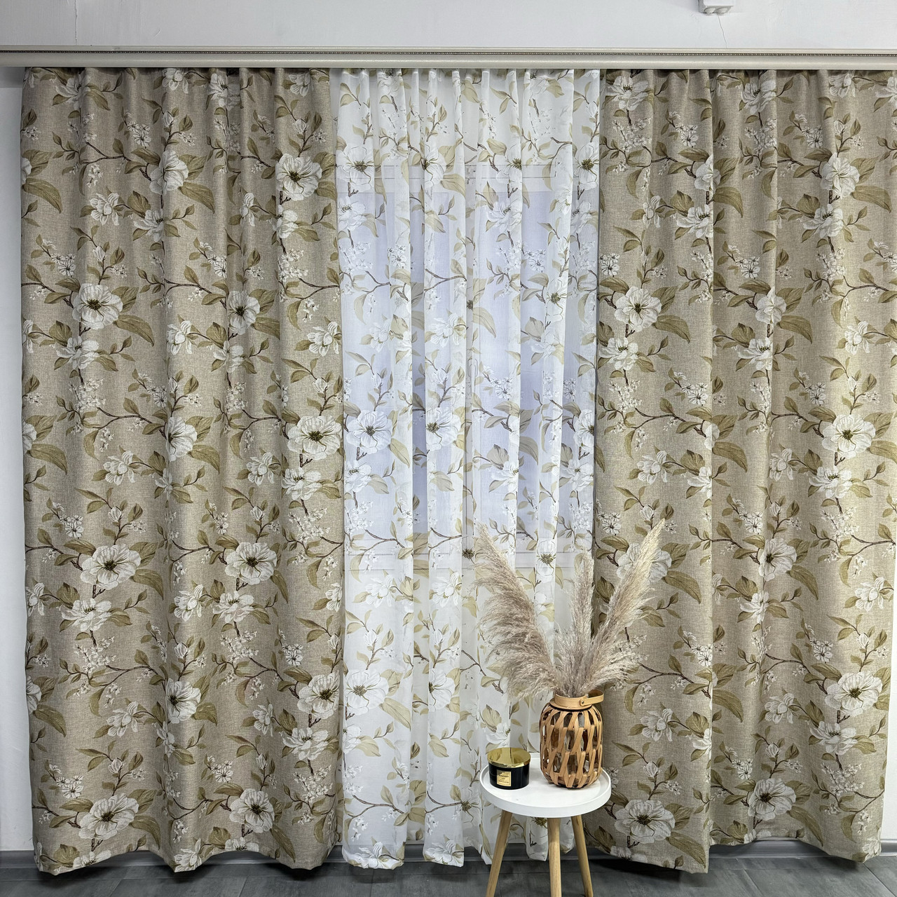 Штори бежеві лляні з батистовим тюлем з квітами ALBO (SHT-M1-622-9), фото 1