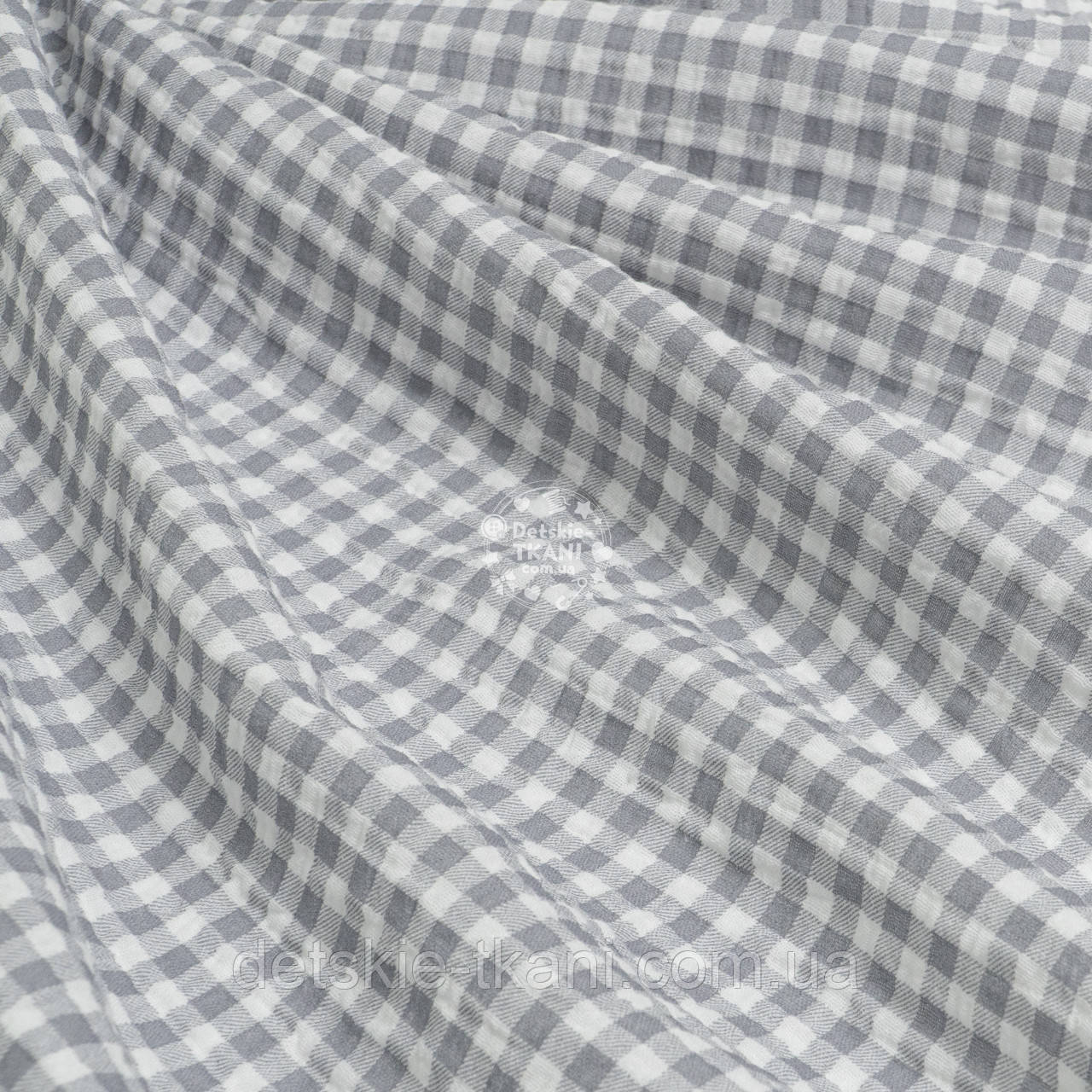 Двошаровий жатий муслін "Сіра клітинка", ширина 135 см, фото 1