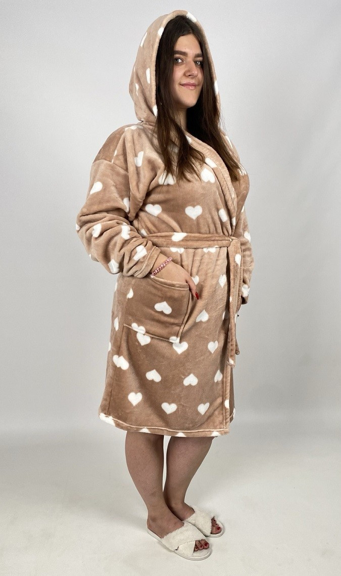 Теплий махровий халат жіночий із капюшоном короткий сердечки на запах капучіно р.46-56